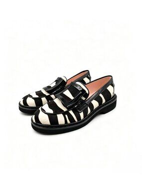 Roger Vivier Women's Viv Ranger Zebra Buckle Pony Hair Loafers EU36.5